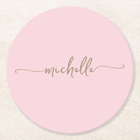 Blush Pink Gold Monogram Naam Script Handtekening Ronde Kartonnen Onderzetter (Voorkant)