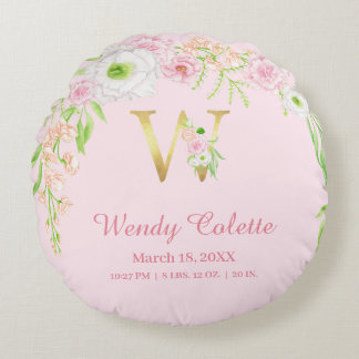 Blush Pink Gold Monogram "W" Baby Girl Stats Rond Kussen