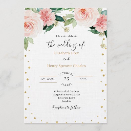 Blush pink gold peony elegant floral wedding  kaart (Voorkant)