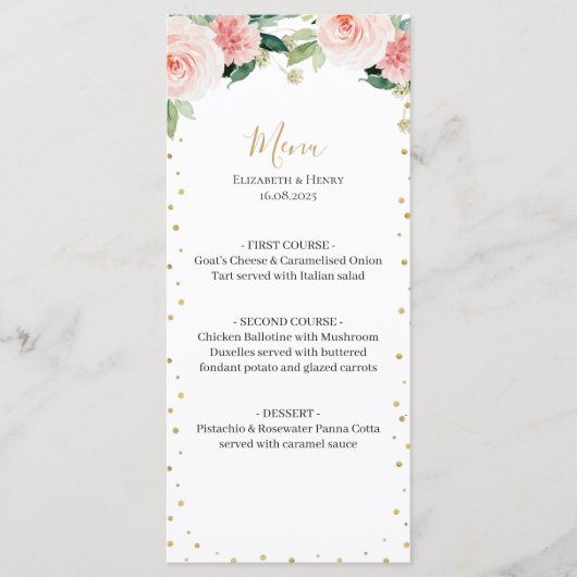 Blush pink gold peony floral elegant wedding menu (Voorkant)