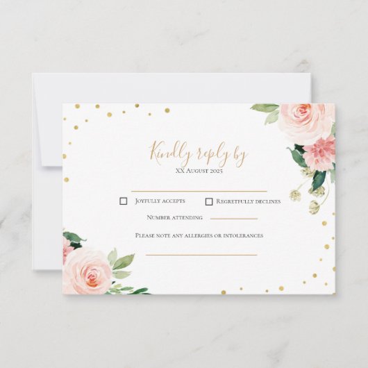 Blush pink gold peony floral wedding RSVP card (Voorkant)