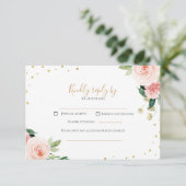 Blush pink gold peony floral wedding RSVP card (Staand voorkant)