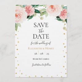 Blush pink gold peony floral wedding save the date kaart