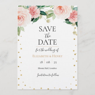 Blush pink gold peony floral wedding save the date kaart