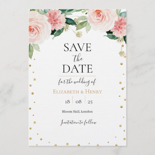 Blush pink gold peony floral wedding save the date kaart (Voorkant)
