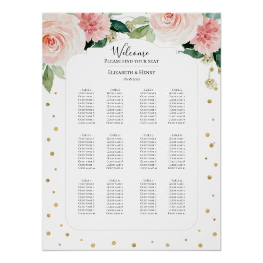 Blush pink gold peony floral wedding seating plan perfect poster (Voorkant)
