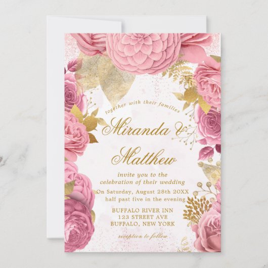 Blush Pink Gold Peony Glitter Wedding Invitting (Voorkant)
