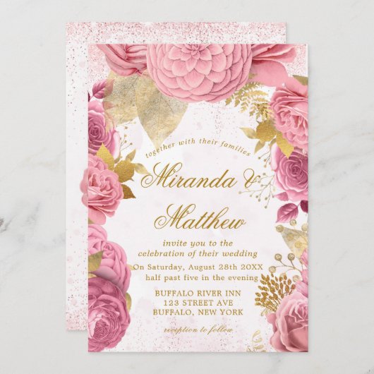Blush Pink Gold Peony Glitter Wedding Invitting (Voorkant / Achterkant)