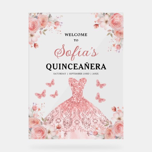 Blush Pink Gold Princess Quinceañera Welkom Acryl Bord (Voorkant)