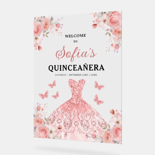 Blush Pink Gold Princess Quinceañera Welkom Acryl Bord (Hoek)