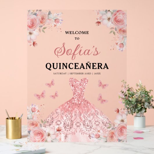 Blush Pink Gold Princess Quinceañera Welkom Acryl Bord (Huwelijk)