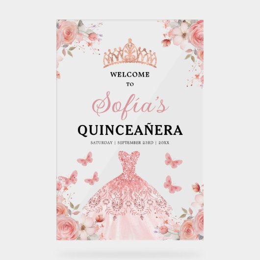 Blush Pink Gold Princess Quinceañera Welkom Acryl Bord (Voorkant)