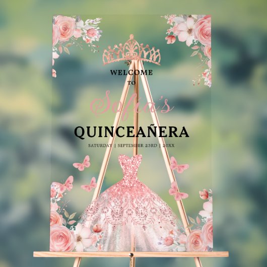 Blush Pink Gold Princess Quinceañera Welkom Acryl Bord (Neutraal)