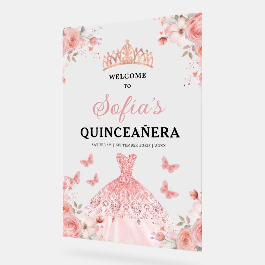 Blush Pink Gold Princess Quinceañera Welkom Acryl Bord (Hoek)