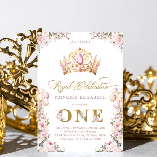 Blush Pink Gold Prinses 1e Verjaardagsfeestkroon Kaart