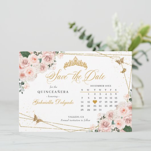 Blush Pink & Gold Quinceañera Save The Date Kaart (Staand voorkant)