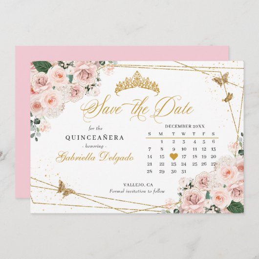 Blush Pink & Gold Quinceañera Save The Date Kaart (Voorkant / Achterkant)