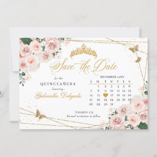 Blush Pink & Gold Quinceañera Save The Date Kaart
