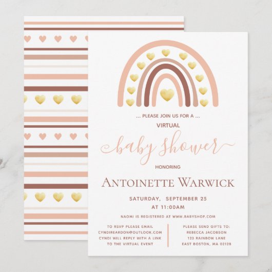 Blush Pink Gold Rainbow Virtual Baby shower Kaart (Voorkant / Achterkant)