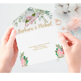 Blush Pink Gold Romantic Floral Wedding All In One Uitnodiging