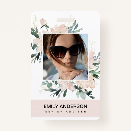 BLUSH PINK GOLD ROOS FLORAL FOTO LOGO IDENTITEIT BADGE (Voorkant)