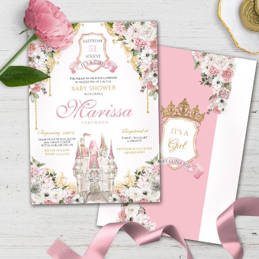 Blush Pink Gold Royal Castle Princess Baby shower Kaart