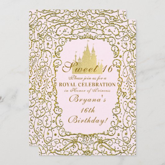 Blush Pink & Gold Royal Castle Princess Sweet 16 Kaart (Voorkant / Achterkant)