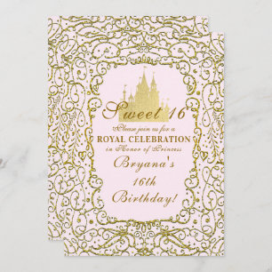 Blush Pink & Gold Royal Castle Princess Sweet 16 Kaart
