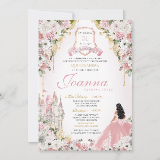 Blush Pink Gold Royal Princess Castle Quinceanera Kaart (Voorkant)