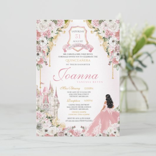 Blush Pink Gold Royal Princess Castle Quinceanera Kaart (Staand voorkant)