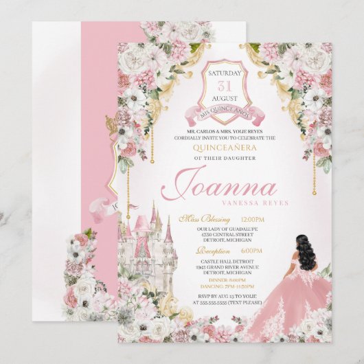 Blush Pink Gold Royal Princess Castle Quinceanera Kaart (Voorkant / Achterkant)