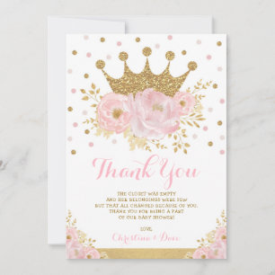 Blush Pink Gold Royal Princess Crown Baby Girl Bedankkaart