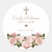 Blush Pink Gold Rozen Christening Favor Ronde Sticker (Voorkant)