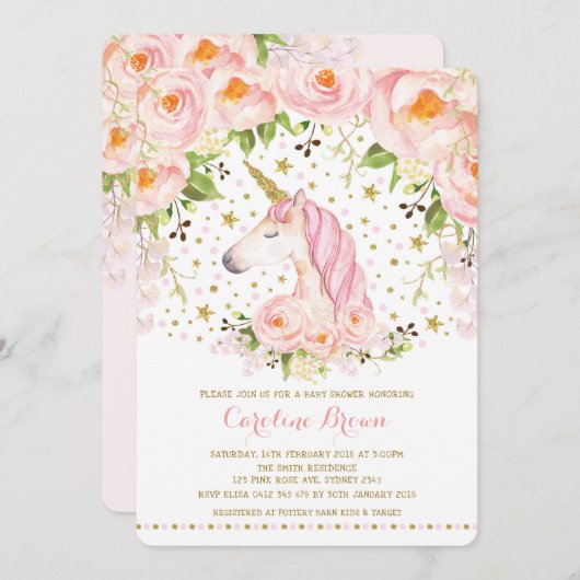 Blush Pink Gold Rozen Floral Unicorn Baby shower Kaart (Voorkant / Achterkant)