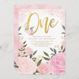 Blush Pink Gold Rozen Meisje 1 verjaardag Kaart