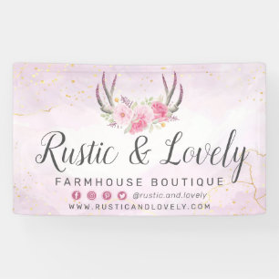 Blush Pink Gold Rustic Floral Antlers Sociale Medi Spandoek
