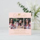 Blush Pink Gold Script Afstuderen 4 Foto Afstudere Aankondiging (Staand voorkant)