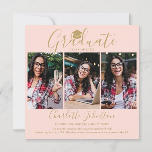 Blush Pink Gold Script Afstuderen 4 Foto Afstudere Aankondiging (Voorkant)