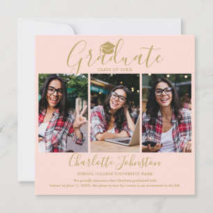 Blush Pink Gold Script Afstuderen 4 Foto Afstudere Aankondiging