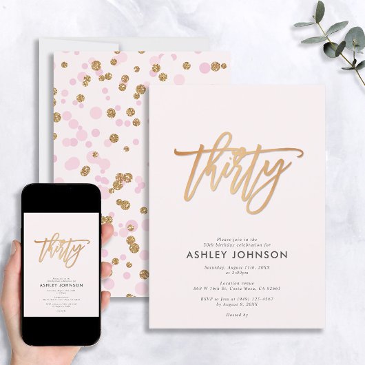 Blush Pink & Gold Script Confetti 30th Birthday Kaart