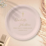 Blush Pink Gold Script First Heilige Communie Papieren Bordje<br><div class="desc">Met een gouden scripthandtekeningnaam op een wazige roze achtergrond. Geef uw speciale informatie over heilige communicatie een persoonlijk tintje in het krijt. Ontworpen door: Thisnotme©</div>