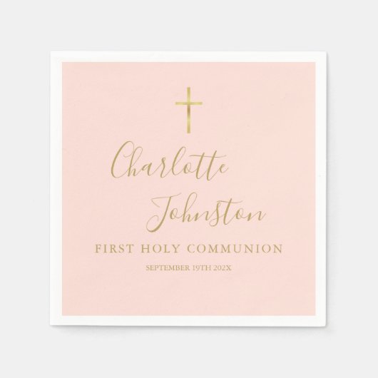 Blush Pink Gold Script First Heilige Communie Servet (Voorkant)
