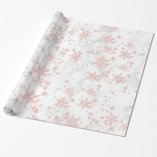 Blush Pink Gold Snowflakes White marble Cadeaupapier (Uitgerold)