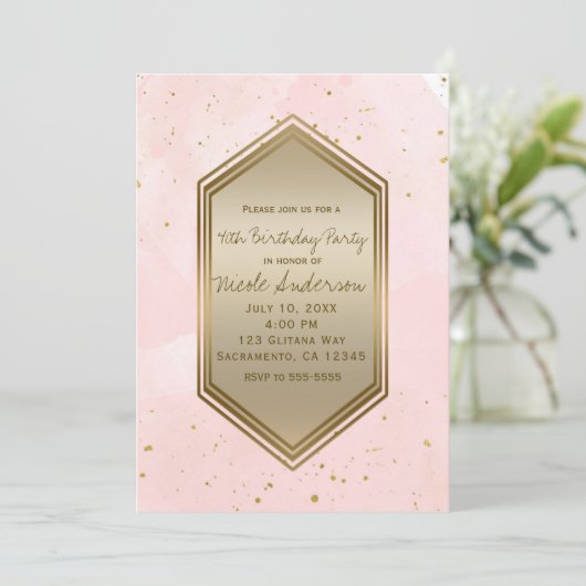 Blush Pink Gold Splatter Glam verjaardagsfeest eve Kaart (Staand voorkant)