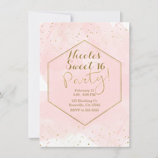 Blush Pink & Gold Splatter Modern Sweet 16 Party Kaart (Voorkant)