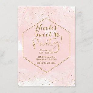 Blush Pink & Gold Splatter Modern Sweet 16 Party Kaart