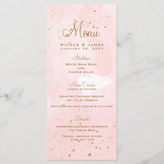 Blush Pink & Gold Splatter Modern Wedding Menu (Voorkant)