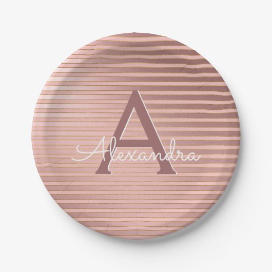 Blush Pink & Gold Stripes Monogram Verjaardag Papieren Bordje (Voorkant)