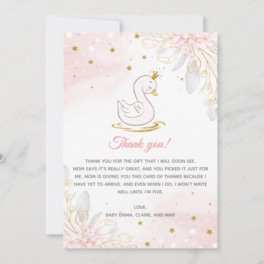 Blush Pink Gold Swan Baby shower Hartelijk dank Bedankkaart (Voorkant)