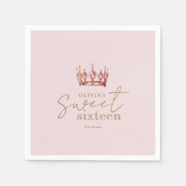 Blush Pink & Gold Sweet 16 Crown Paper Napkin Servet